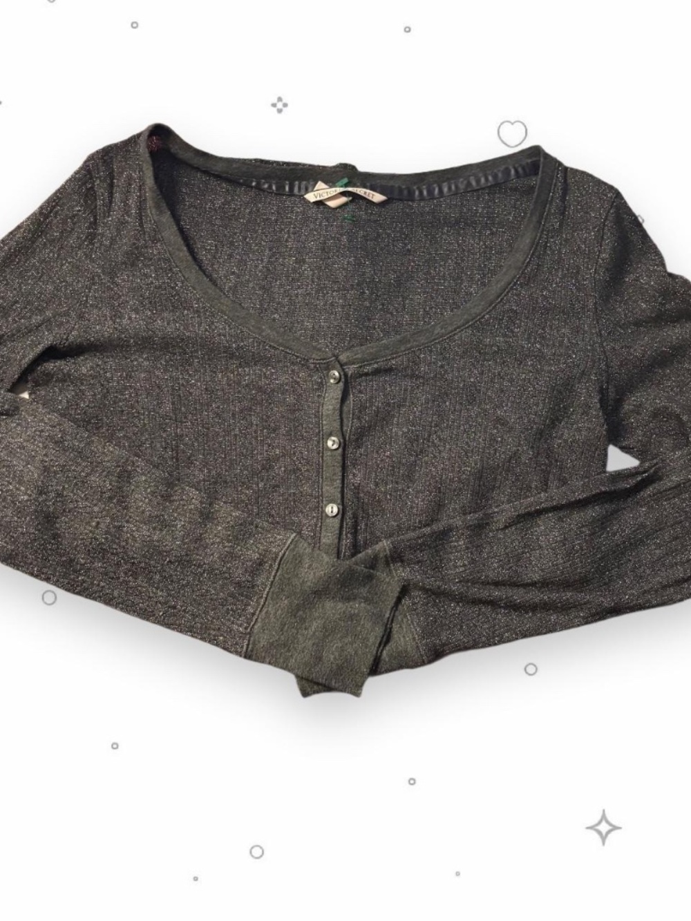 Victoria's Secret Metallic Gray Ribbed Henley Top Small Long Sleeve Cropped Shim